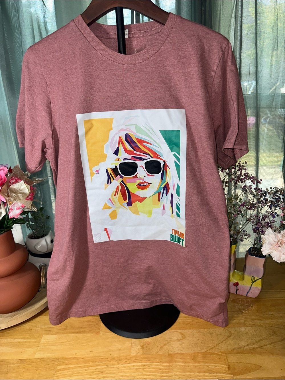 Taylor Swift Rust-Pink Graphic Tee with Multicolor Portrait